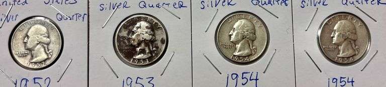 4 U.S. SILVER QUARTERS, 1952, 1953, 2 1954 image