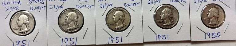 5 U.S. WASHINGTON SILVER QUARTERS, 4-1951, 1-1955 image