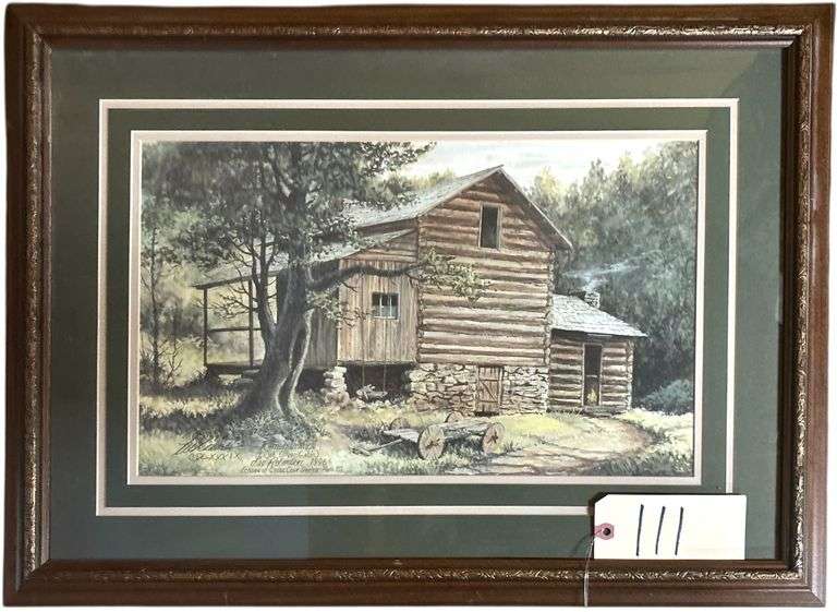 “REMEMBRANCE (ELIJAH OLIVER CABIN)” PRINT BY LEE ROBERSON 1996 - ECHOES OF CADES COVE SERIES - PLATE XII - APPROX. 10.75” X 17.5” VIEWING AREA image