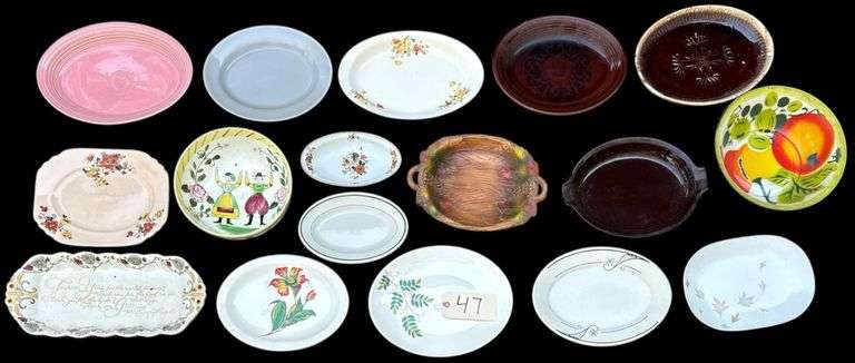 APPROX. 16 SERVING PLATTERS PLATTERS TO INCLUDE FIESTA, KNOWLES, HOMER LAUGHLIN, AND MANY MORE; METALLIC BOWL; CERAMIC BOWL; HAND PAINTED PITCHER MADE IN TEXAS USA; THREE UTENSIL HOLDERS; WOODEN HOUSE FIGURINES; TWO BERNARDA MATCHING MUGS; LOG CABIN TILE; FRUIT TILE; ROOSTER TILE image