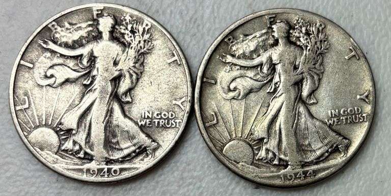 2 U.S. WALKING LIBERTY SILVER HALF DOLLARS: 1 WARTIME 1944-D, 1 1940 image