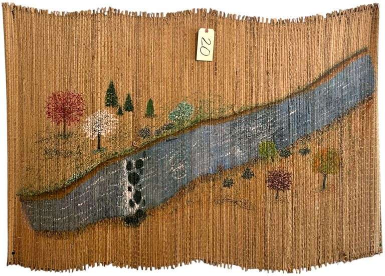 APPEARS TO BE HAND-PAINTED & HANDMADE RIVER SCENE TAPESTRY image