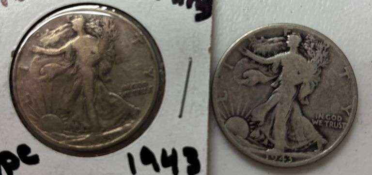 TWO U.S. WALKING LIBERTY SILVER HALF DOLLARS, BOTH WARTIME 1943 image