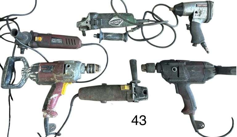 HITACHI ANGLE GRINDER, 2 CHICAGO ELECTRIC ANGLE GRINDERS, BAUER HEAVY DUTY DRILL, CHICAGO ELECTRIC HEAVY DUTY DRILL, CRAFTSMAN IMPACT WRENCH, 2 MILWAUKEE DRILLS