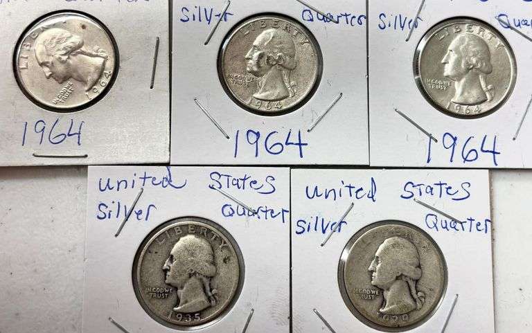 5 U.S. WASHINGTON SILVER QUARTERS: 1935, 1939, 3-1964 image