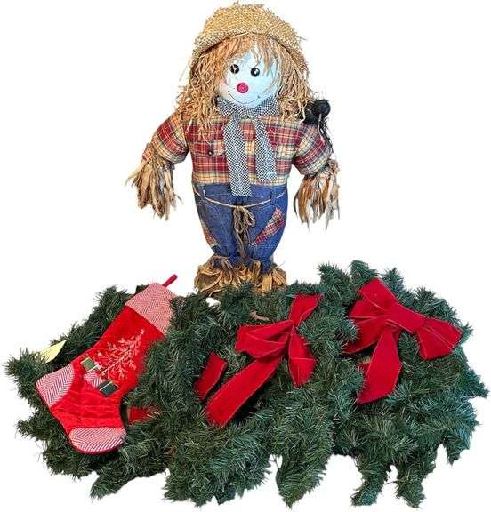 THREE WREATHS WITH RED BOWS, VELVET STOCKING, AND SCARECROW image