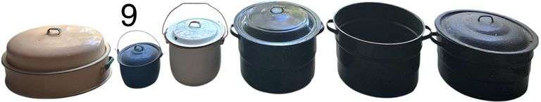 6 VINTAGE ENAMEL WARE COOKING POTS: 3 DARK BLUE SPECKLE PATTERN, 1 ROYAL BLUE SPECKLE PATTERN, 1 WHITE W/ RED BAND, 1 BEIGE W/ GREEN BAND image