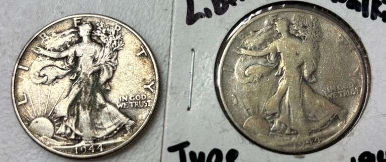 TWO U.S. WALKING LIBERTY SILVER HALF DOLLARS, WARTIME 1944 image