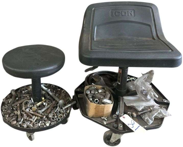 ICON ROLLING SHOP CHAIR, HUSKY ROLLING SHOP STOOL - BOTH W/ ASSORTMENT OF NUTS AND BOLTS