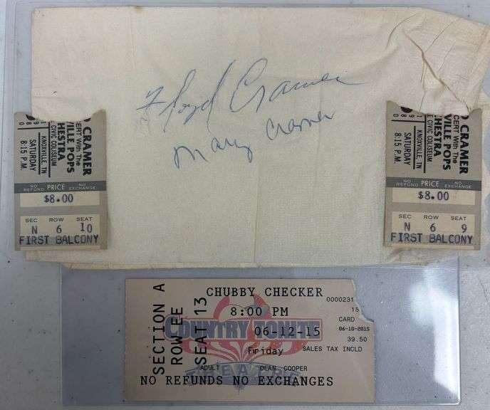 FLOYD CRAMER AND MARY CRAMER AUTOGRAPH, VINTAGE TICKET STUBS FROM CIVIC COLISEUM KNOXVILLE TN 1980 W/ PARKING TICKET; CHUBBY CHECKER TICKET STUB image