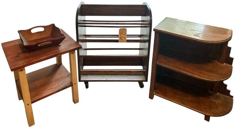 VINTAGE WOODEN SHOE RACK ON ROLLERS, WOODEN 3-TIER SHELF AS-FOUND, OTHER WOODEN SHELF, WOODEN HANDLED TRAY image