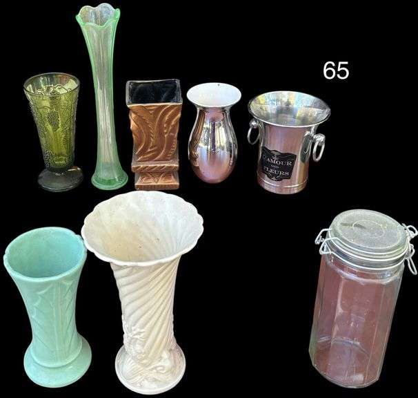 6 ASSORTED VASES TO INCLUDE L'AMOUR DES FLEURS METALLIC, CLEAR GREEN GLASS BUD VASE, GREEN GRAPE PATTERN GLASS VASE, WHITE PATTERN VASE, TEAL PATTERN VASE, AND 2 OTHERS; CLEAR GLASS CANISTER image