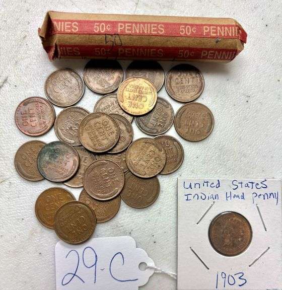 ROLL OF 50 U.S. WHEAT PENNIES, APPROX. 23 LOOSE WHEAT PENNIES (73 TOTAL), UNITED STATES INDIAN HEAD PENNY 1903 image