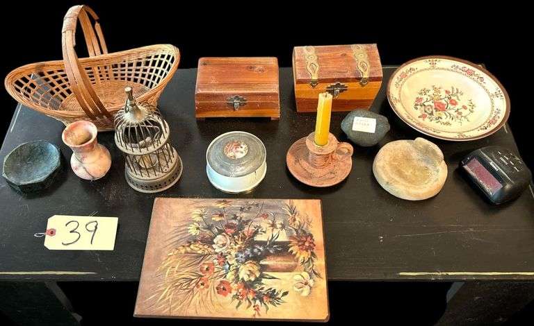 WICKER BASKET, TWO WOODEN BOXES, SMALL STONE VASE, METAL ART BIRD CAGE, TWO STONE SOAP DISHES, ADVANCE ALARM CLOCK, WOODEN FLORAL PRINT, CANDLE HOLDER, ETC. image