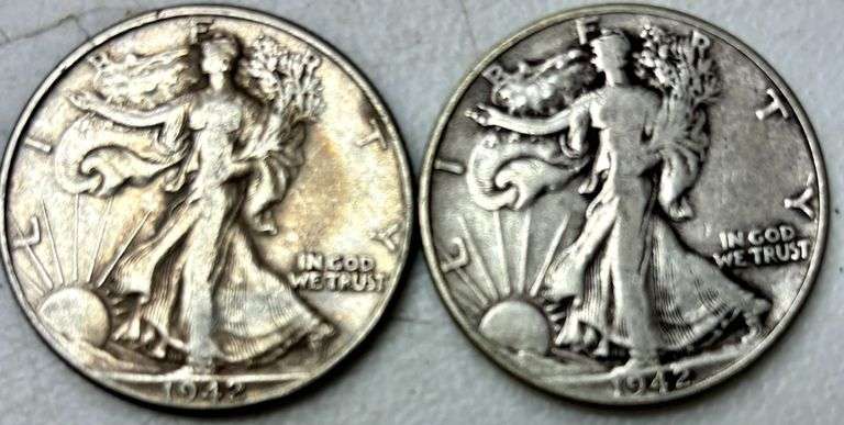 TWO U.S. WALKING LIBERTY SILVER HALF DOLLARS, WARTIME 1942 image