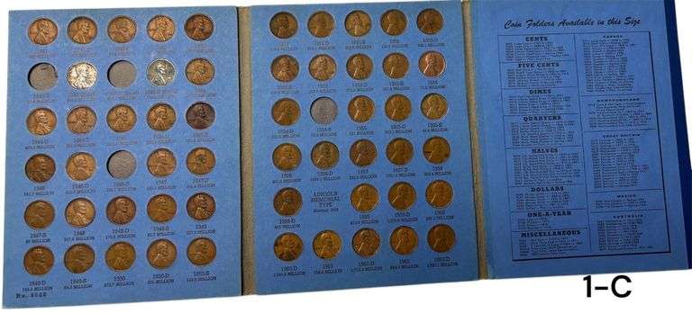 WHITMAN LINCOLN HEAD CENT COIN HOLDER 1941-1964-D, TO INCLUDE WHEAT PENNIES FROM 1941-1958, WARTIME 1941-1945, 1943 STEEL PENNIES, 1959-1964D LINCOLN MEMORIAL PENNIES. APPROX. 69 VINTAGE PENNIES IN ALL. image