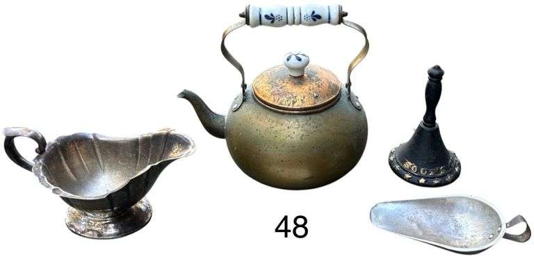 VINTAGE COPPER TEAPOT WITH DELFT BLUE CERAMIC HANDLE, SILVER PLATE GRAVY DISH, CAST IRON BELL, SMALL ALUMINUM SCOOP image