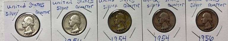 5 U.S. SILVER QUARTERS: 4 1954, 1 1956 image