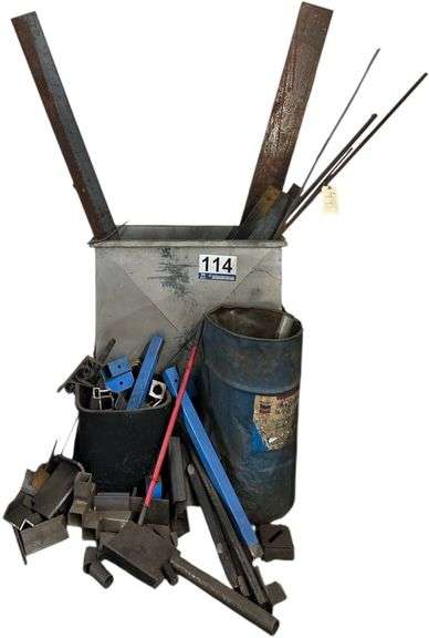 METAL HOPPER APPROX. 25” LENGTH X 16” DEPTH X 41” HEIGHT W/ ASSORTED METAL PIECES