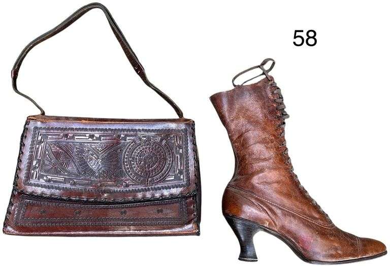 VINTAGE VICTORIA LEATHER BOOT, VINTAGE LEATHER BAG, VINTAGE PAINTED MATCHBOX HOLDER image