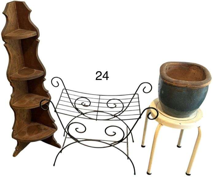 WOODEN FOLDING CHAIR, 4-TIER WOODEN WHATNOT SHELF, WIRE RACK, CLAY PLANTER, SMALL WHITE STOOL image