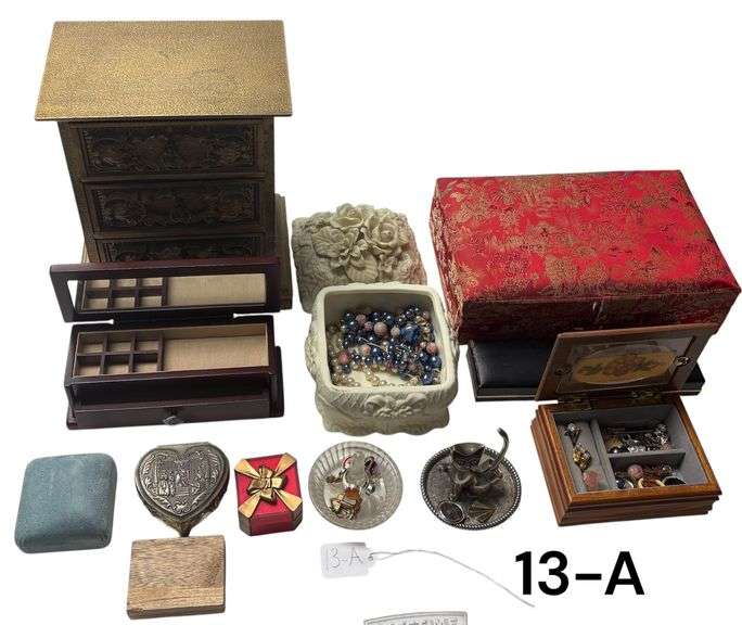 MUSICAL JEWELRY BOX, PIN DISHES, SMALL WOOD JEWELRY BOXES, OTHER BOXES, SMALL AMOUNT OF COSTUME JEWELRY image