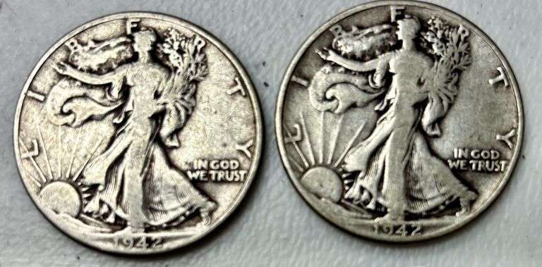 TWO U.S. WALKING LIBERTY SILVER HALF DOLLARS, WARTIME 1942 image