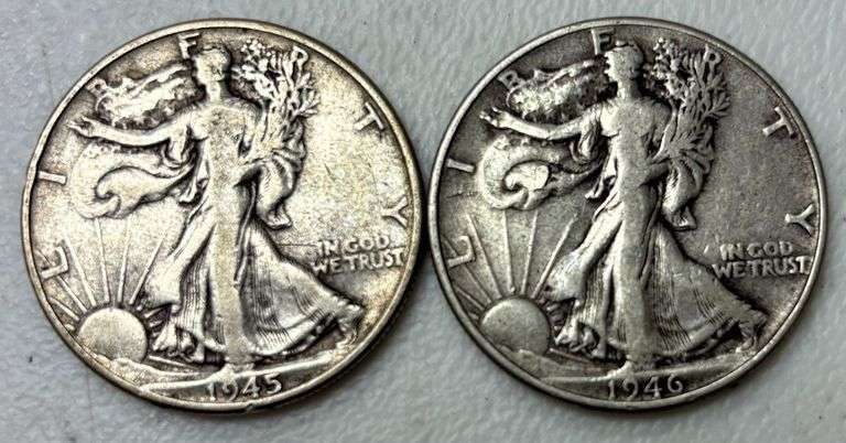 TWO U.S. WALKING LIBERTY SILVER HALF DOLLARS: 1 WARTIME 1945, 1 1946 image