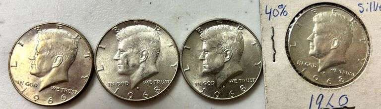 LOT OF 4 U.S. KENNEDY HALF DOLLARS: 1 1966, 3 1968 40% SILVER image