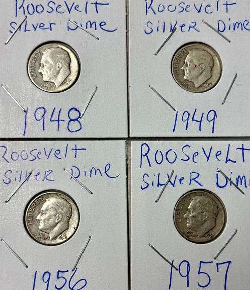 4 SILVER ROOSEVELT DIMES: 1948, 1949, 1956, 1957 image