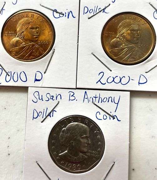 TWO U.S. SACAGAWEAN 2000-D DOLLAR COINS, 1 U.S. SUSAN B. ANTHONY DOLLAR 1980 image