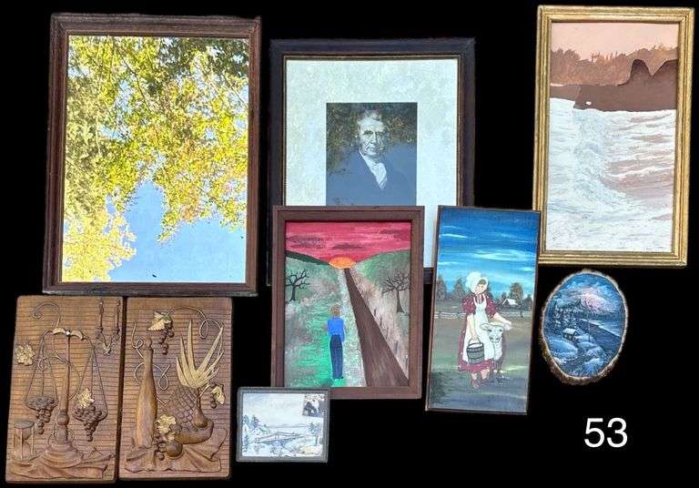 WOODEN FRAMED MIRROR, HAND PAINTED CATTLE GIRL ON BOARD, TWO WOOD CARVED FRUIT DESIGN PANELS, HAND PAINTED SNOWY CABIN ON WOOD, THREE FRAMED PRINTS image