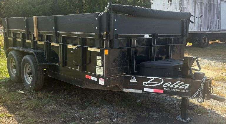 DELTA MANUFACTURING INC. DUAL AXLE ELECTRIC 12,000LBS. RATING DUMP TRAILER - APPROX. 14’ X 7’; SIDES APPROX. 20” TALL W/ 11” SIDE BOARDS