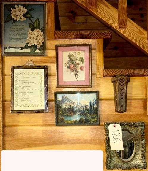 2 FLORAL PRINTS, SMALL RIVER SCENE MOUNTAINSIDE PRINT, INSPIRATIONAL WALL HANGER, SMALL MIRROR IN ORNATE FRAME image