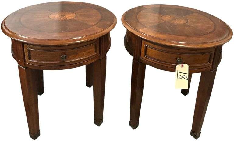 2 MATCHING ROUND 1-DRAWER WOODEN SIDE TABLES image