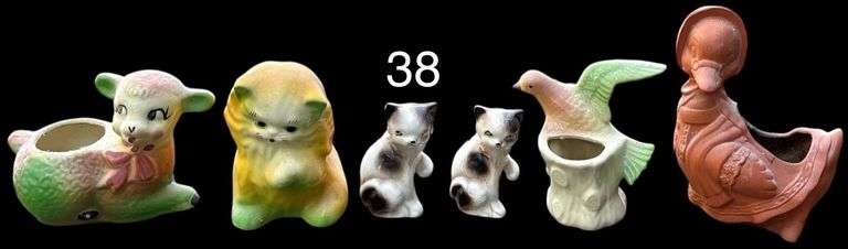 SMALL VINTAGE SHEEP CERAMIC PLANTER, TWO CERAMIC KITTENS, CERAMIC CAT PLANTER, CERAMIC BIRD PLANTER, MOTHER GOOSE PLANTER image