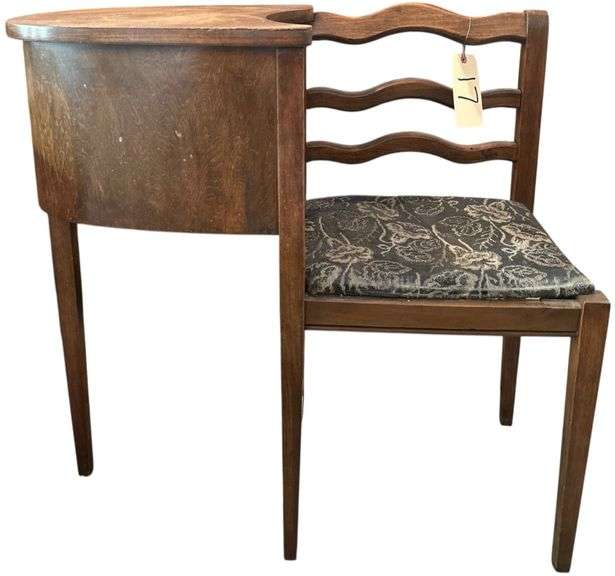 ANTIQUE WOODEN TELEPHONE TABLE WITH FLORAL SEAT image