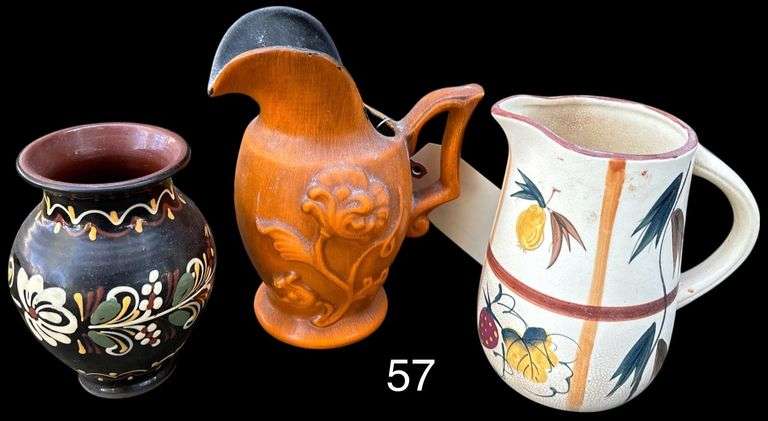 PAINTED CERAMIC VASE, VTG HAND PAINTED NASCO JAPAN 6 1/2" T PITCHER - FRUIT MOTIF PEARS/STRAWBERRIES, AND HAEGER FLORAL PATTERN PITCHER image