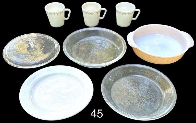 THREE CORELLE SNOWFLAKE PYREX MUG COFFEE CUPS, GLASS PYREX PIE DISH, FIRE KING ANCHOR HOCKING PEACH LUSTR 8” CAKE BAKING/CASSEROLE DISH, FIREKING GLASS PIE DISH, GLASS LID, HOMER LAUGHLIN PLATE image