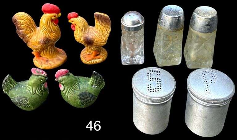 THREE GLASS SALT/PEPPER SHAKERS, VINTAGE ALUMINUM SALT AND PEPPER SHAKERS, YELLOW ROOSTER SALT AND PEPPER SHAKERS, GREEN ROOSTER SALT AND PEPPER SHAKERS image