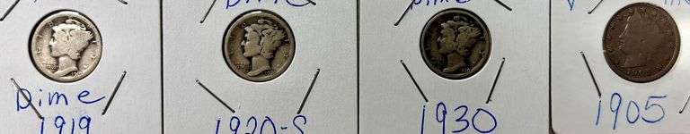 3 SILVER U.S. MERCURY DIMES, 1919, 1920-S, 1930, AND 1 U.S. BARBER “V” NICKEL 1905 image
