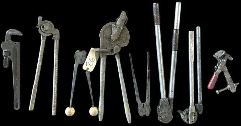 PALLET BANDING CRIMP TOOL, 3 RIDGID TUBE BENDERS, 1 3" PIPE WRENCH, 2 1.5" PIPE WRENCHES, 75" WILLIAMS WRENCH