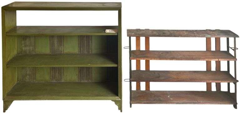WOODEN PAINTED GREEN 3-TIER SHELF, VINTAGE IRON AND WOOD BASE 4-TIER SHELF image