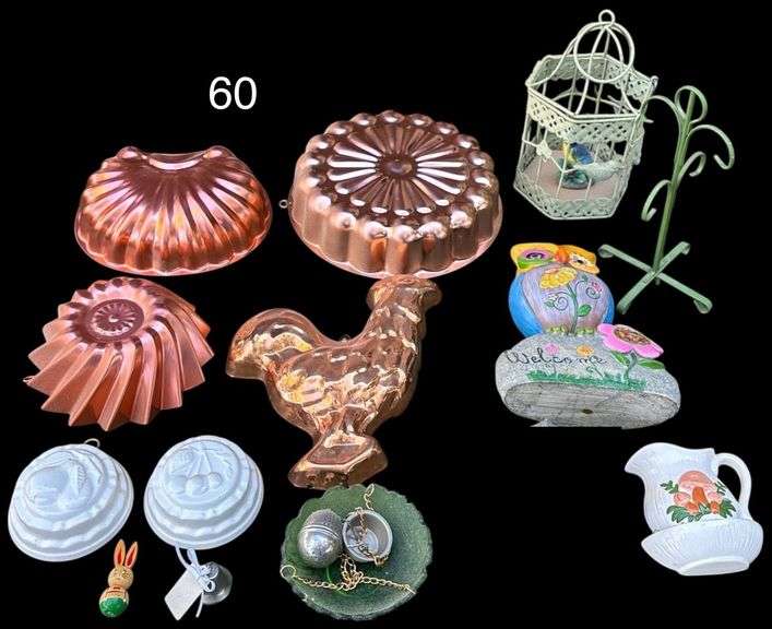 FOUR COPPER JELLO MOLDS, 2 CERAMIC JELLO MOLDS, METAL DECORATIVE BIRD CAGE, PLASTIC OWL YARD ART, PITCHER, GREEN GLASS DISH W/ HANGER image