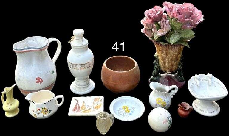 ONE HAEGER USA CERAMIC SOAP DISH, THREE MINIATURE PITCHERS TO INCLUDE ONE PORCELAIN HOMER LAUGHLIN, ONE FLORAL PORCELAIN SMALL PITCHER WITH DISH, POTTERY BOWL MADE IN USA, VINTAGE MILK GLASS APOTHECARY JAR WITH LID, CERAMIC HULL USA VASE WITH ARTIFICIAL ROSES image
