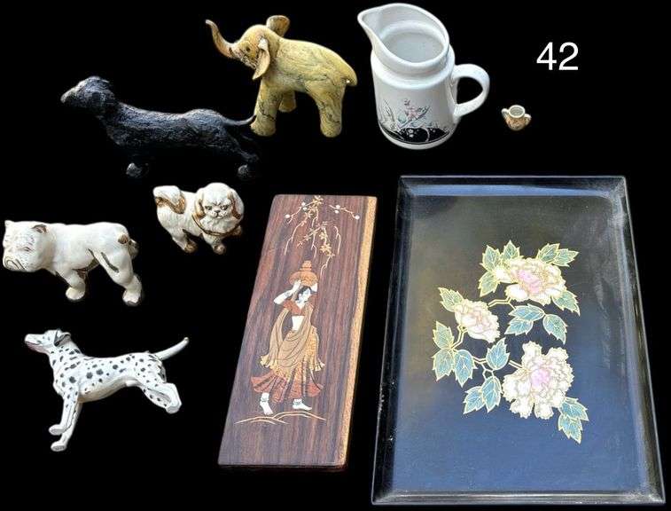 ORIENTAL COUROC SERVING TRAY, VINTAGE MID CENTURY INLAID WOOD MARQUETRY INDIA GIRL WITH CERAMIC POT, CERAMIC DALMATIAN (LEG BROKEN/AS-IS), CERAMIC BULLDOG, SHIH TZU FIGURINE, DASCHUND FIGURINE, ELEPHANT FIGURINE image