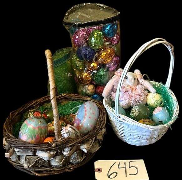BASKETS OF EASTER EGGS - SOME LOOK VINTAGE PLUS CYLINDRICAL CONTAINER OF EGGS image