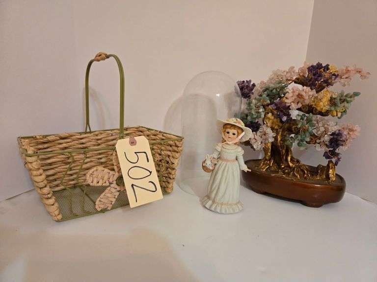 KALIFANO CRYSTAL BONSAI TREE, “THE VICTORIANS” ENESCO EASTER DOLL 1982 #8821, WIRE/WOVEN HANDLED BASKET image