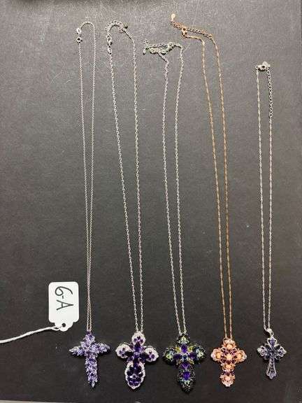 5 STERLING SILVER NECKLACES AND PENDANTS, PURPLE AMETHYST TYPE STONES - 2.07 TROY OZ, 64.43 GRAMS TOTAL INCLUDING STONES image