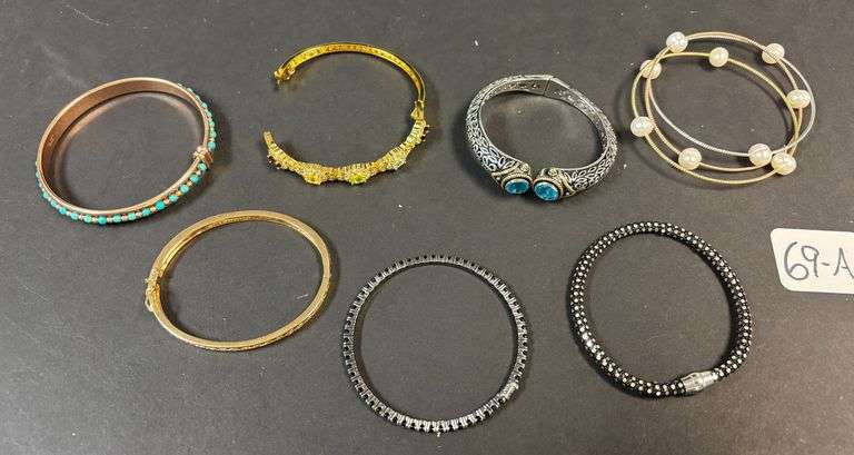 7 BANGLE STYLE BRACELETS, JADE TYPE STONES, MULTICOLOR STONES, BLACK ONYX TYPE, PEARL TYPE, ETC. - NO MARKINGS image
